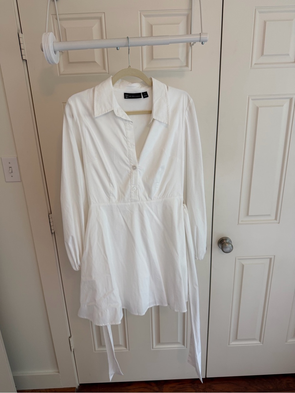 White Poplin Tie Waist Shirt Dress Long Sleeve Mini Dress - Picture 1 of 5